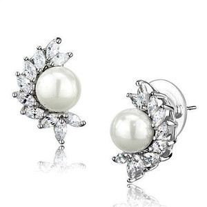 3W1354 - Rhodium Brass Earrings with Synthetic Pearl in White A874-3W1354