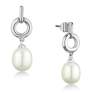 3W684 - Rhodium Brass Earrings with Synthetic Pearl in White A874-3W684