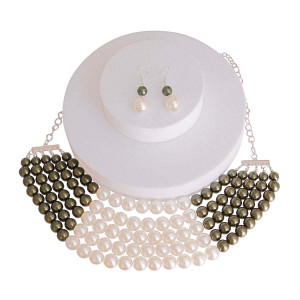 Olive and Cream Pearl 5 Row Necklace T226-9485572735295