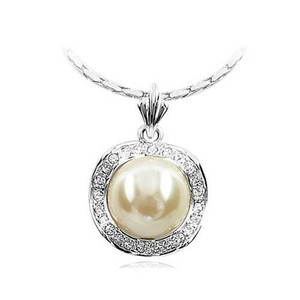 White Pearl Inlaid Rhinestone Rimmed Platinum Plated Pendant Necklace A392-rgne0055 White Pearl Inlaid Rhinestone Rimmed Platinum Plated Pendant Necklace A392-rgne0055