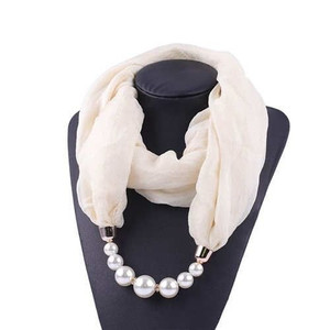 Pearl Embellished Solid Color Chiffon Women Scarf Necklace - White A392-fasn0407 Pearl Embellished Solid Color Chiffon Women Scarf Necklace - White A392-fasn0407