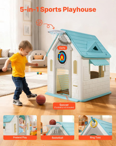Outdoor Playhouse, 5-In-1 Cottage Play House with Pretend Play, Basketball, Darts, Soccer, Ring Tos E415-SLKXWJCSLFBS6BTGT001V0