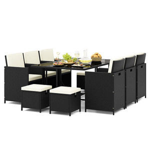11 Piece Patio Dining Set Wicker Chairs and Tempered Glass Table with Waterproof Cushions-Black & W D681-HW71702WH+