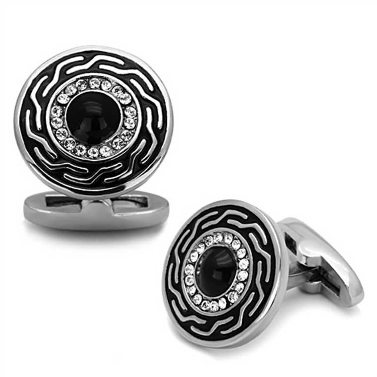 TK1264 - High polished (no plating) Stainless Steel Cufflink with Top Grade Crystal  in Clear A874-TK1264