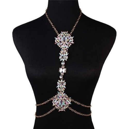 Rhinestone Fashion Ladies Waist Chain with Exaggerated Flower Clavicle Chain Wholesale Body Chain J A392-tboc0002