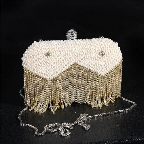 Pearls All-over Design with Rhinestone Inlaid Golden Shining Tassel Fashion Evening Handbag A392-fhbg0110