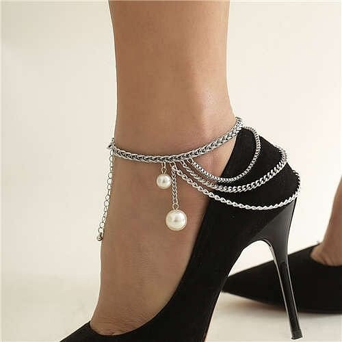 Elegant Pearl Pendant Fashion Tassel Women Alloy Anklet - Silver A392-fank0153