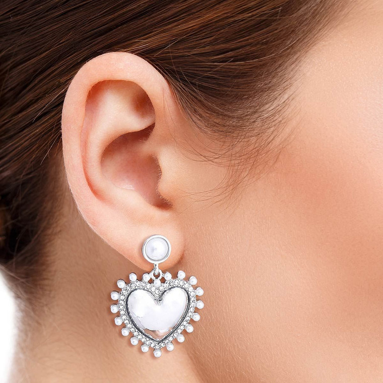 White Pearl and Silver Heart Earrings T226-9485722550591