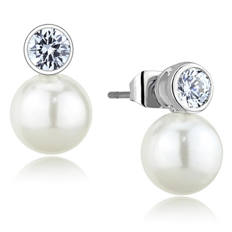 3W681 - Rhodium Brass Earrings with Synthetic Pearl in White A874-3W681