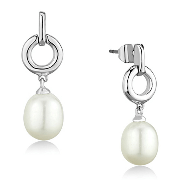 3W684 - Rhodium Brass Earrings with Synthetic Pearl in White A874-3W684