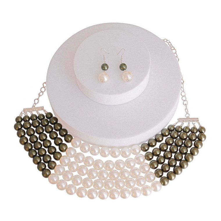 Olive and Cream Pearl 5 Row Necklace T226-9485572735295