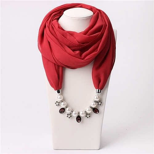 Pearl Chain Pendants Chiffon Women Scarf Necklace - Red A392-fasn0395