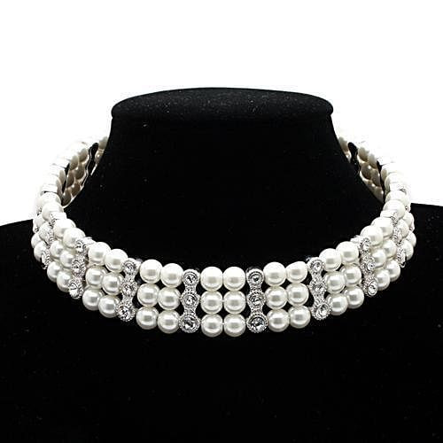 LO1609 - Rhodium Brass Necklace with Synthetic Pearl in White A874-LO1609