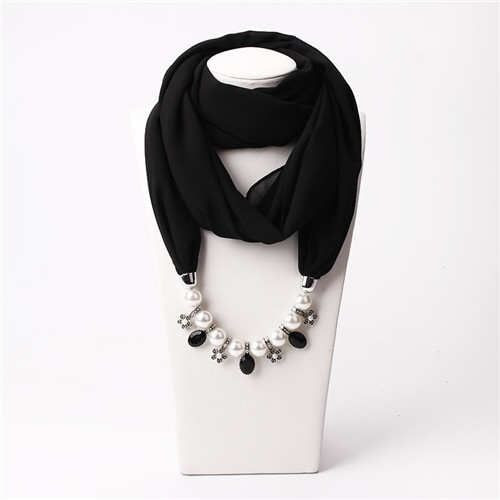 Pearl Chain Pendants Chiffon Women Scarf Necklace - Black A392-fasn0403