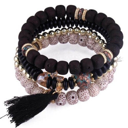 Vintage Spots Beads Triple Layers with Cotton Thread Tassel Women Fashion Bracelet - Black A392-fabr2241