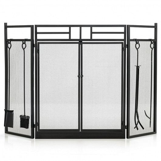 3-Panel Folding Wrought Iron Fireplace Screen with Doors and 4 Pieces Tools Set-Black - Color: Black D681-JV10064BK