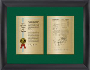 Large Patent Frame Award with Satin Brass plates, Satin Brass on Green Velour Large Patent Frame Award with Satin Brass plates, Satin Brass on Green Velour