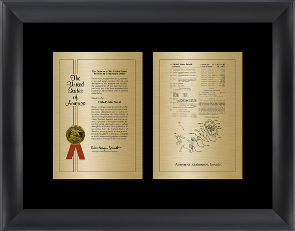 Large Patent Frame Award with Satin Brass plates, Satin Brass on Black Velour
