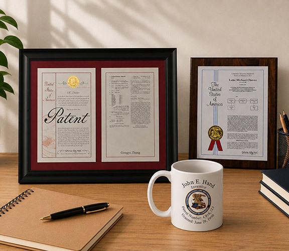 A selection of personalized patent awards and plaques