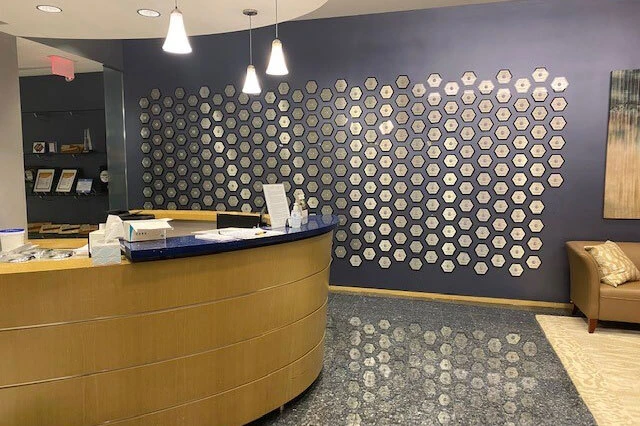 Black acrylic hexagon patent wall with brass plates