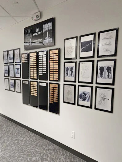 Mixed patent and innovation display arranged on a corporate wall