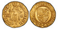 1082811 HUNGARY. Sigismund of Luxembourg, Hungary. (Holy Roman Emperor, 1433–1437). (1387-1437)-M - N AV Goldgulden. PCGS MS63.  Nagybánya (Baia Mare). 3.59gm. + SIGISMVҺDI • D • G • R • VҺGARIЄ •. Shield of arms within beaded ring, legend around ...
