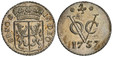 1082661 NETHERLANDS EAST INDIES. Gelderland. 1757-(crane) Johan Cramer (Mintmaster) AR Duit. NGC UNC Details Cleaned.  By Münzzeichen Kranich. Münzmeister Johan Cramer. Edge: Fluted. IN DEO - SP.NOS. Crowned shield of arms of Harderwijk; letters N...
