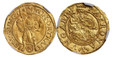 1084184 NETHERLANDS. Overyssel. 1591 (ND) AV Ducat. NGC MS62.  3.51gm. King crowned and standing in full armor, with halberd and orb. A small shield between his feet / Madonna with child. Fr.-266; Delmonte 1049.

Hungarian type.

Please use this l...