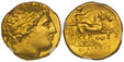 1084596 GREEK. KINGDOM OF MACEDON. Philip II. (King, 359-336 BC). Posthumous issue, struck 322-317 BC. AV Stater. NGC AU (About Uncirculated) Strike 5/5 Surface 4/5.  Pella. 18mm. 8.59gm. Laureate head of Apollo, right / ΦΙΛΙΠΠΟΥ. Fast biga right,...