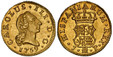 1086217 SPAIN. Charles III. (King, 1759-1788). 1759-(Crowned M) JP AV 1/2 Escudo. NGC MS64.  Madrid. CAROLUS  III · D · G ·. Head right, with hair in waves / HISPANIARUM · REX ·. Crowned arms. KM 389.1.

Currently the finest known as of January 20...