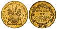 1085374 SWISS CANTONS. Zurich. 1776 AV 2 Ducats. NGC MS64.  MONETA REIPUBLICÆ TURICENSIS. Oval arms of Zurich supported by rampant lions / IUSTITIA / ET / CONCORDIA. Inscription, date above crossed cornucopias within ornamental spigs. KM 165; Fr.-...