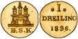 1086099 GERMAN STATES. Hamburg. 1836 AV Pattern Dreiling. PCGS SP64.  0.72gm. Gateway with an open portcullis; H.S.K. below / Denomination and date. KM PnA16; AKS 31; Jaeger 43.

Patterns. KM#543.

Please use this link to verify the PCGS certifica...