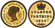 1086658 GREAT BRITAIN. Victoria. (Queen, 1837-1901). 1868 Copper-Nickel Pattern Quarter-Farthing. PCGS PR64.  Bust left / Crown above denomination; date below. KM PnJ115 (cf. KM 737); Peck 1615.

Please use this link to verify the PCGS certificati...