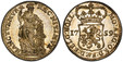 1085778 NETHERLANDS. Holland. 1759 AR 1/4 Gulden, 5 Stuiver. PCGS MS62.  MO: ARG : ORD: FÆD: BELG : HOLL :. Crowned arms of Holland divides date / HANCTVEMVR HAC NITIMVR. Standing figure leaning on column, holding pole with cap. KM 100; CNM 2.28.1...