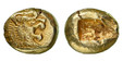 1086747 GREEK. LYDIA. Struck circa 610-546 BC. EL Trite (Third Stater). NGC AU✭ (About Uncirculated  ✭) Strike 5/5 Surface 4/5.  13mm. 4.70gm. Head of roaring lion right, sun with multiple rays on forehead / Oblong punch, bipartite incuse squares....