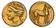 1086749 GREEK. ZEUGITANA. Carthage. Struck circa 320-270 BC. EL Stater. NGC Ch. VF (Choice Very Fine) Strike 5/5 Surface 4/5.  20mm. 7.48gm. Head of Tanit to left, crowned with wreath of corn, wearing earring with triple pendants and necklace, dot...