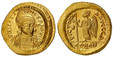1084800 BYZANTINE.  Justin I. (Emperor, 518-527 AD). Struck 519-527 AD. AV Solidus. NGC MS (Mint State) Strike 4/5 Surface 4/5.  Constantinople, 1st Officina. 22mm. 4.48gm. D N IVSTI–NVS P P AVC. Helmeted and cuirassed bust facing slightly right, ...