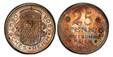 1086679 GERMAN STATES. Bavaria. 1908-D AR Pattern 25 Pfenning. PCGS SP66.  By Karl Goetz. Munich. 22.5mm. 4.02gm. Denomination and date / Crowned shield of arms over eagle on large shield; banner draped to eigher side; all within beaded circle. Ja...