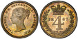 1085870 GREAT BRITAIN. Victoria. (Queen, 1837-1901). 1867 AR Maundy Set. PCGS PL67-PL66 (Prooflike).  head left / Crowned denomination divides date within wreath. KM MDS-118; SCBC-3918.

Grades as follows: PCGS PL67 (Fourpence); PCGS PL66 (Threepe...