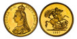 1087232 GREAT BRITAIN. Victoria. (Queen, 1837-1901). 1887 AV Five Pounds. PCGS MS65PL (Prooflike).  VICTORIA D:G: BRITT: REG: F:D:. Bust left wearing small crown and veil / St. George slaying the dragon right, with initials, B.P. below, right. KM ...