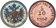 1086161 ITALIAN STATES. Lombardy-Venetia. 1862-A CU 5/10 Soldo. PCGS PR65RB (Red-Brown).  Vienna. 17.4mm. 1.71gm. Shield within crowned double-headed eagle / MONETA SPICCIOLA... Value above date. C 34.1; Herinek 852.

Very rare in proof.

Please u...