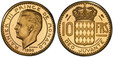 1085157 MONACO. Rainier III. (Prince, 1949-2005). 1950 AV Essai Piéfort 10 Francs. PCGS SP66.  By P. Turin. Paris. 20mm. 20.96gm. RAINIER III PRINCE DE MONACO. Head left divides circle / 10 – FRS/ DEO JUVANTE. Crowned shield of arms divides denomi...