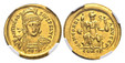 1087577 ROMAN IMPERIAL.  Theodosius II. (Eastern Roman Emperor, 402-450 AD). Struck 402-450 AD. AV Solidus. NGC Ch. AU (Choice About Uncirculated) Strike 5/5 Surface 4/5.  Constantinople. 4.46gm. D N THEODO-SIVS P F AVG. Helmeted, diademed and cui...