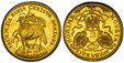 1087205 GERMAN STATES. Nürnberg. Leopold I. (Emperor, 1658–1705). MDCCIII (1703) G.F.N. (G. F. Nürnberger) AV 3 Ducat. PCGS MS61.  10.44gm. MONETA - AVREA REIP - NORIMB. Three shields of arms in ribbons / PACEM DA NOBIS CHRISTE BENIGNE., H. Facing...