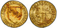 1087082 SPAIN. Castile & León. Juan II. (King, 1406-54). (1406-54)-S (at top of reverse cross) AV Dobla de la Banda. PCGS MS61.  Seville mint. 4.58gm. Coat-of-arms / Quartered arms of Castile and Leon with S mintmark at top of cross. Fr.-112; C./C...