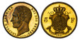1087204 BELGIUM. Leopold I. (King, 1831-1865). 1847 Gilt Copper Essai 5 Francs. PCGS SP61.  By Lambert. Edge: DIEU PROTEGE LA BELGIQUE ***. Bust, left; signed below / Crowned arms divides denomination 5 - F to either side; motto on banner and date...