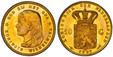 1085725 NETHERLANDS. Wilhelmina I. 1897 (Halberd) AV 10 Gulden. PCGS MS65.  Edge: Reeded. * KONINGIN WILHELMINA * GOD ZIJ MET ONS. Young head left / KONINGRIJK DER NEDERLANDEN (date). Crowned arms divides value, date below. KM 118.