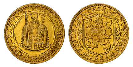 1080026 CZECHOSLOVAKIA. Republic. (1918-1939). 1925 AV Ducat. NGC MS64.  By J. Benda (Obv.) & O. Spaniel (Rev.). Kremnitz. Edge: Milled. Czech lion with Slovak shield, date below / Duke Wenceslas (Vaclav) half-length figure facing. KM 8; Friedberg...