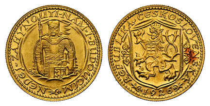 1080291 CZECHOSLOVAKIA. First Republic. (1918 - 1938/39). 1926 AV Ducat. NGC MS65.  By J. Benda (Obv.) and O. Spaniel (Rev.). Edge: Milled. Czech lion with Slovak shield, date below / Duke Wenceslas (Vaclav) half-length figure facing. KM 8 (Simila...