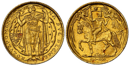 1079106 CZECHOSLOVAKIA. Republic. (1918-1939). 1929 AV Ducat. NGC MS64.  Kremnitz. [987](*). Full-length standing figure facing left, heraldic shield to left / Rider and horse advancing, left, one hoof riased, angels above to either side and dual ...